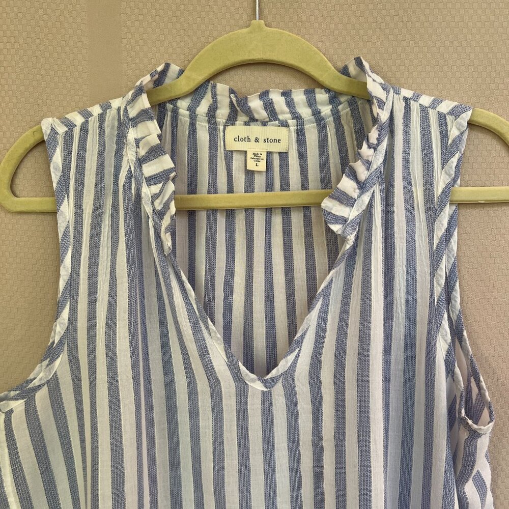 Bella Dahl Ruffle Neck Stripe Blue/White Tank Top Sleeveless Sz L - Picture 2 of 12